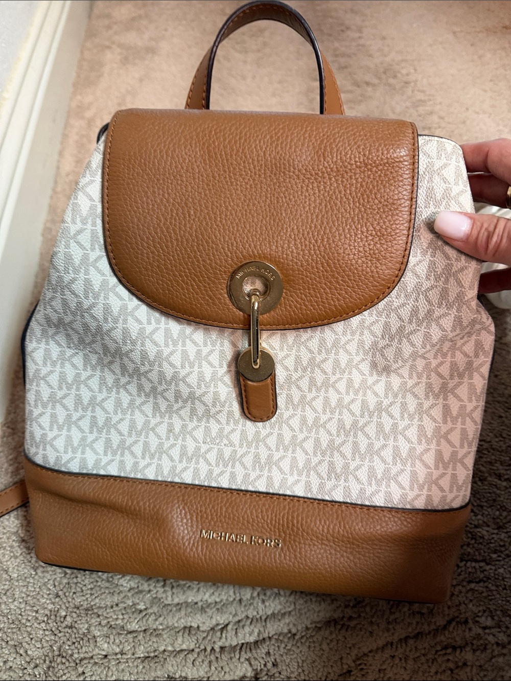 Michael Kors Cognac and White MK Logo Backpack